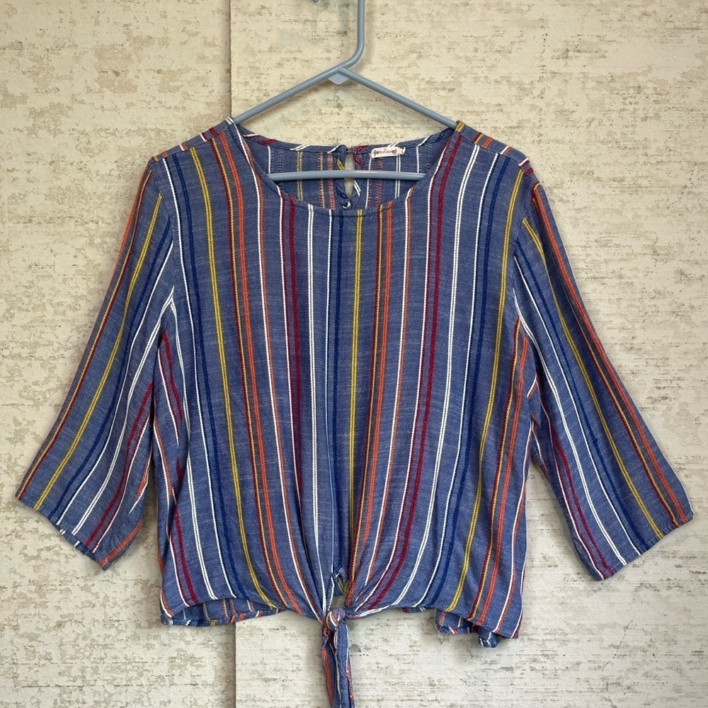 Tea Rose Vertical Stripe Blue Top Sz L Multicolor Stripes Hem Tie Boho Slimming